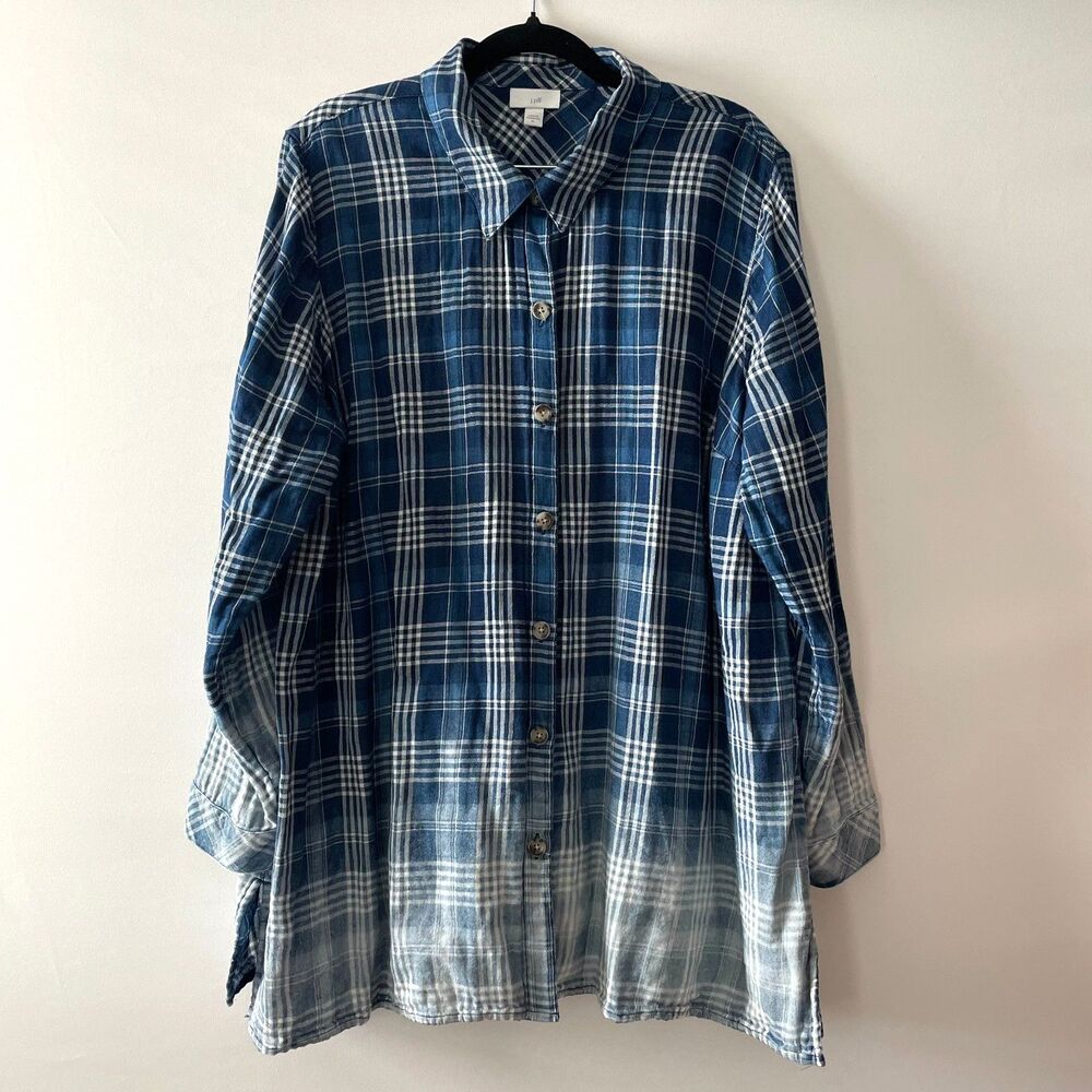 J.Jill Blue & White Ombré Plaid Cotton Button Front Tunic Shirt Women’s XL